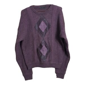 Vintage Chunky Knit Sweater Purple Leather Details Medium Wool Blend